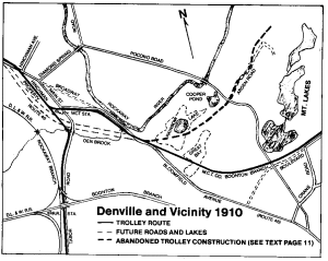 Denville/Boonton Trolley Routes. Note that the Boulevard was not yet cut through to Rt. 46. The lakes labeled "Mt. Lakes" are really Sunset, Crystal and Birchwood. Rainbow Lake appears to have been tiny at the time and the Great Bay non-existent.